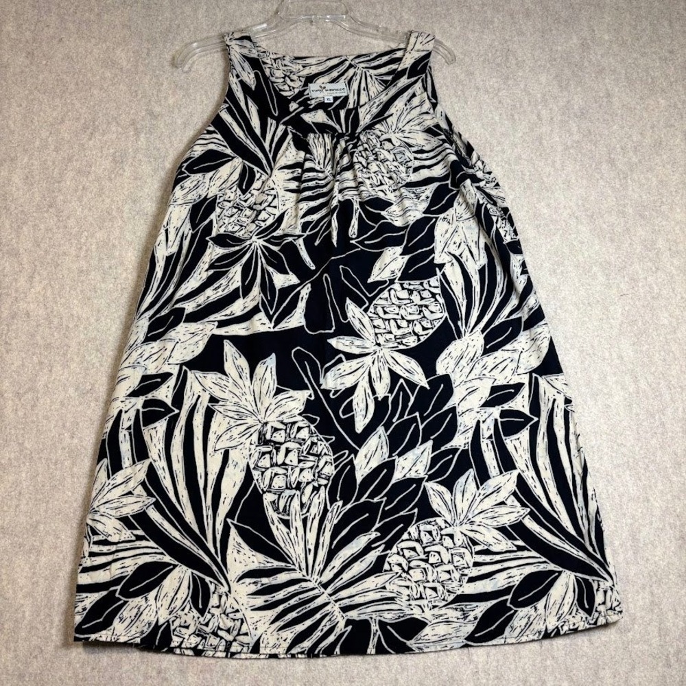 Two Paddles Dress Women XL Black White Rayon Boho Tropical Pineapple Hawaii Mini